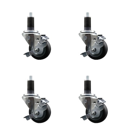 Service Caster 3'' Thermoplastic Rubber Swivel 1-1/4'' Expanding Stem Caster Set with Brake, 4PK SCC-EX20S314-TPRB-TLB-114-4